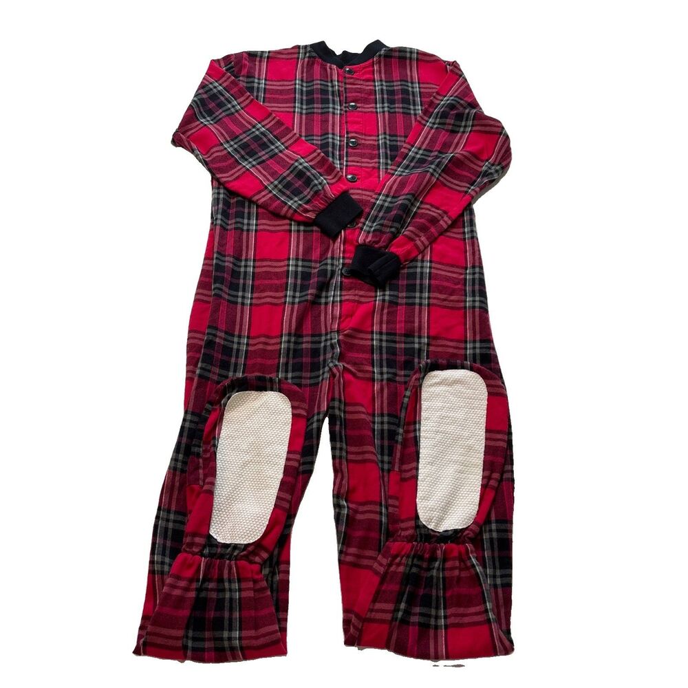 Big Feet Adult Footed Pajamas Red Black Gray Buffalo Plaid Flannel Drop Bottom M